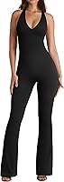 OQQ Women's Halterneck Sleeveless Lace-Trim Flared Jumpsuit Fall Winter - Buttery Soft Stretchy Fit
