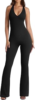 OQQ Women's Halterneck Sleeveless Lace-Trim Flared Jumpsuit Fall Winter - Buttery Soft Stretchy Fit