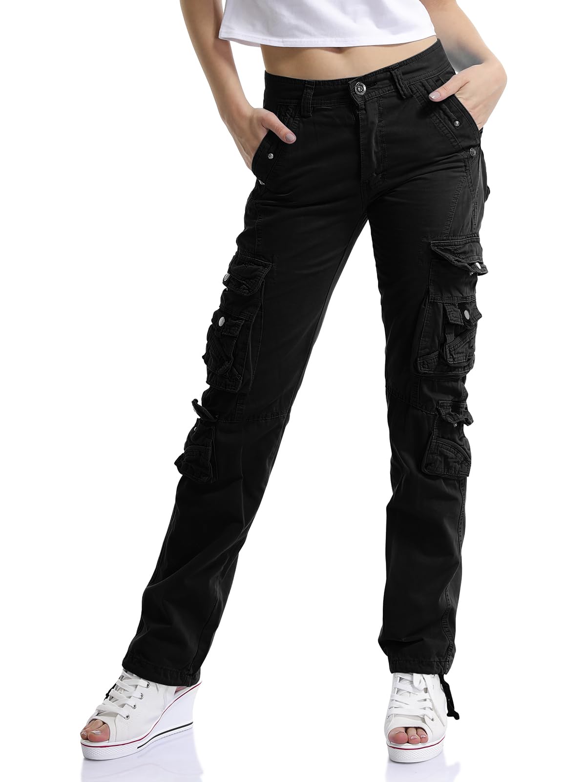 Aeslech Pantalones cargo de algodón para mujer, de cintura alta, para viajes, senderismo, Y2K, con múltiples bolsillos
