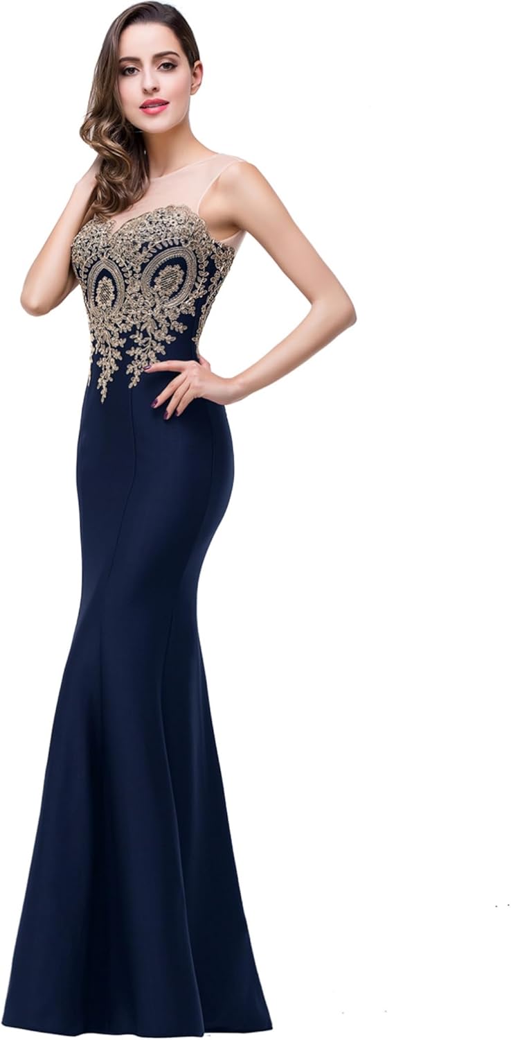Prom Dress for Women 2025 Gold Lace Applique Long Sheer Illusion Mermaid Formal Dresses Evening Gown