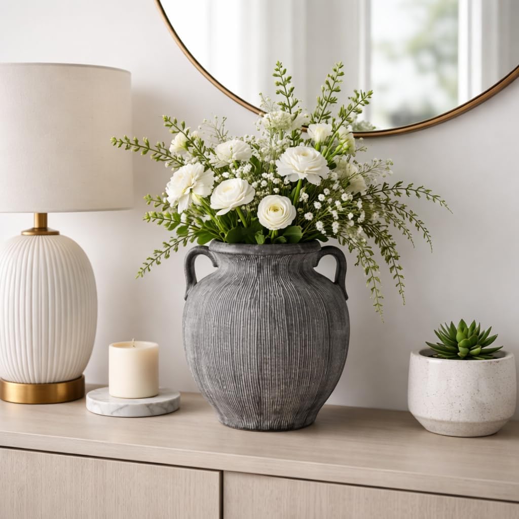 Textured Handled Jug Vase for Living Room Decor - Modern Home Display Accent with Ribbed Surface in Any Room - Sculptural Flower Vase for Bedroom, House, Office, and Table Styling - 10", Black