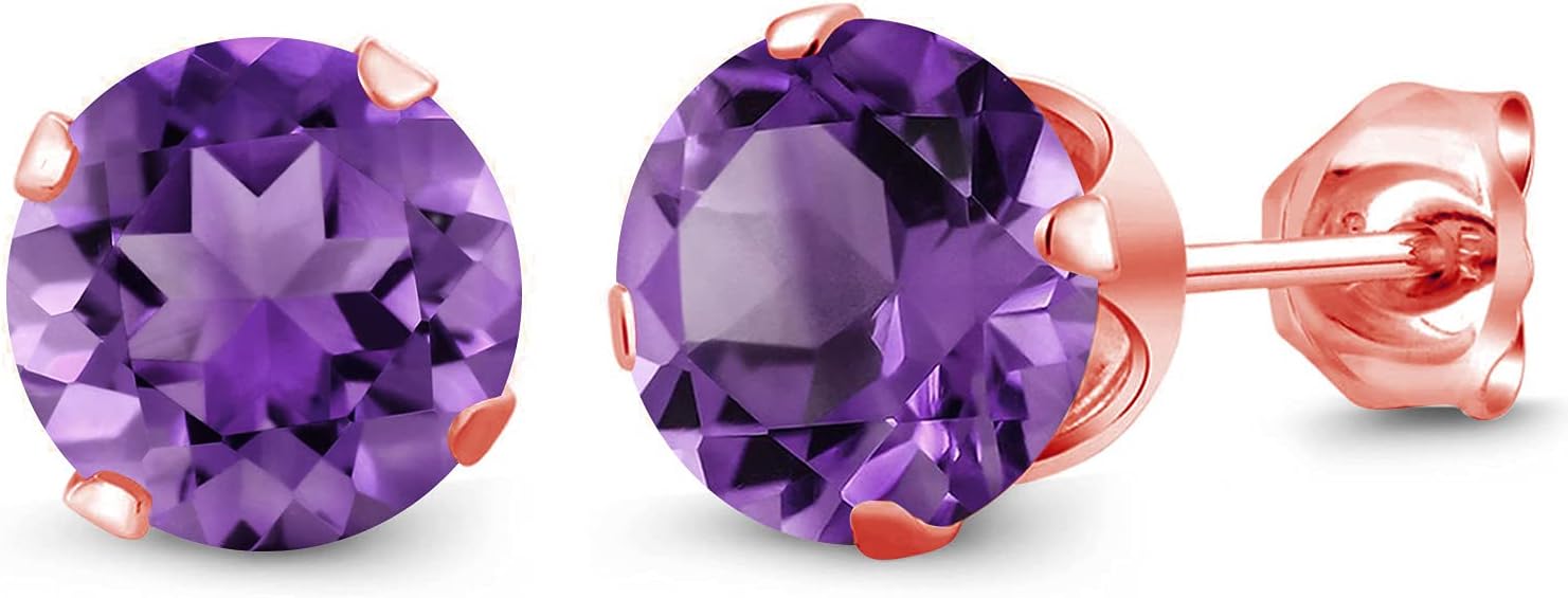 Gem Stone King 2.40 Ct Round 7mm Purple Amethyst 18K Rose Gold Plated Silver Stud Earrings For Women Men