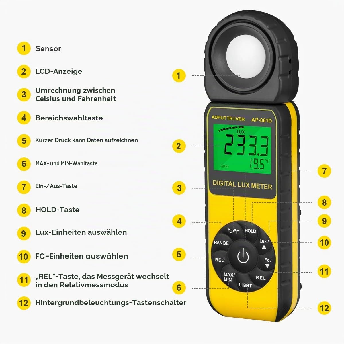 Digital Luxmeter, Belichtungsmesser, Tragbare Photometer AP-881D Lichtmesser mit Bereich bis zu 400,000 Lux mit um 270° drehbarem Detektor für LED-Licht und Zuchtpflanze(Gelb)