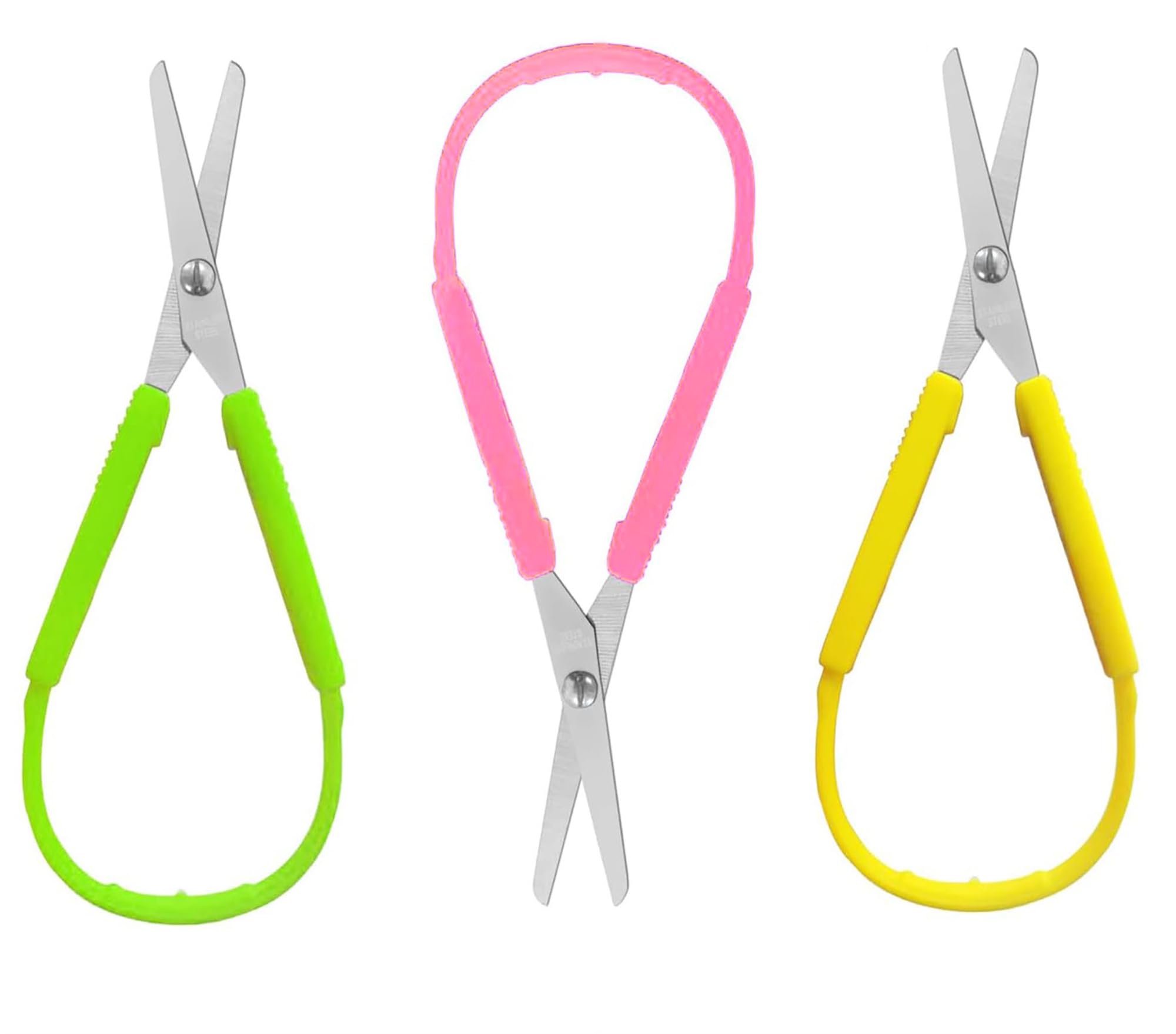 Squeeze Scissors, Lefty Support Loop Scissors for Toddlers,8 Inch Adaptive Design Preschool Training Scissors (3, Green+Pink+Yellow)