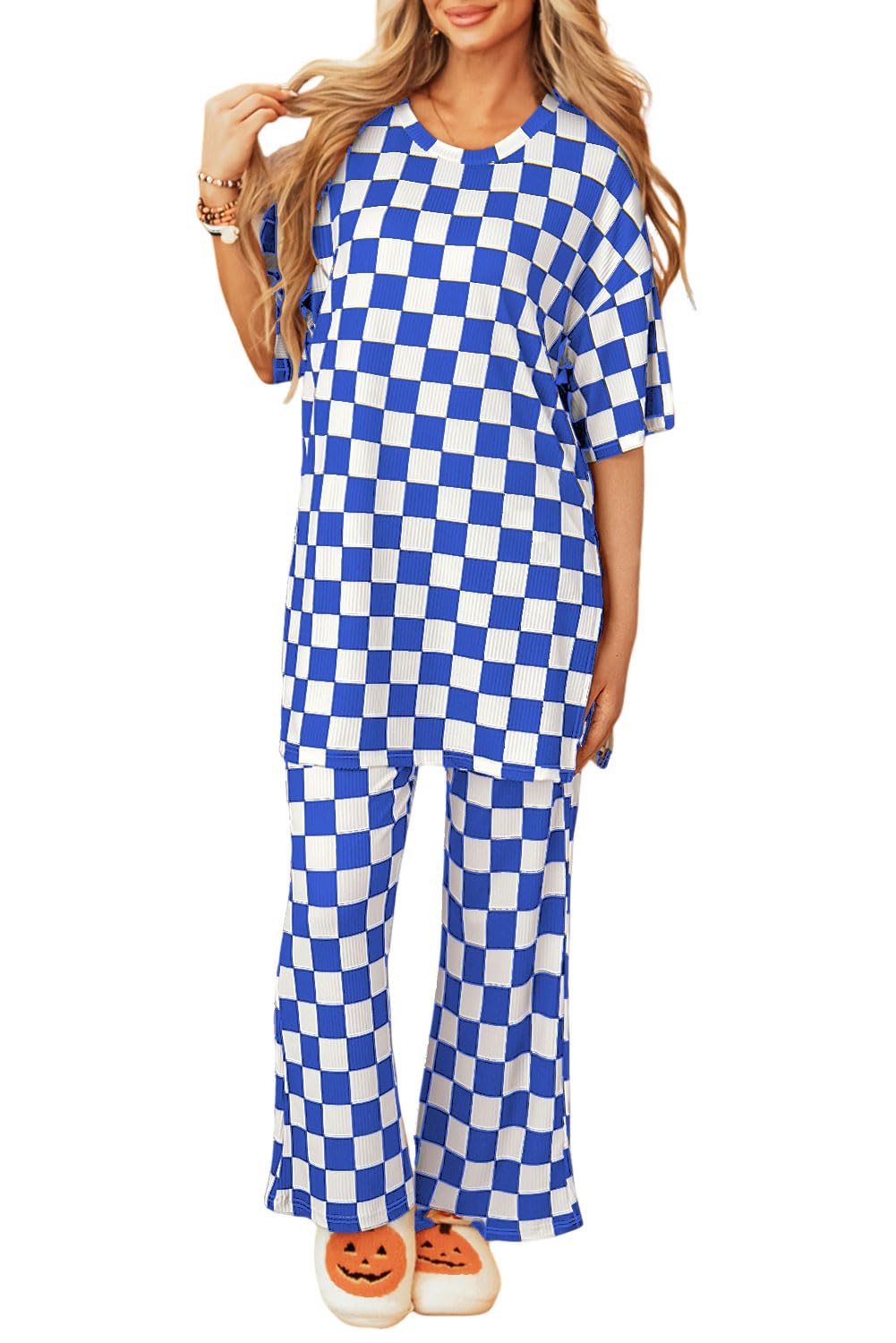 Women 2 Piece Outfits Ribbed Casual Checkered Boxy Sleeve Top and Wide Leg Pants Matching Lounge Set