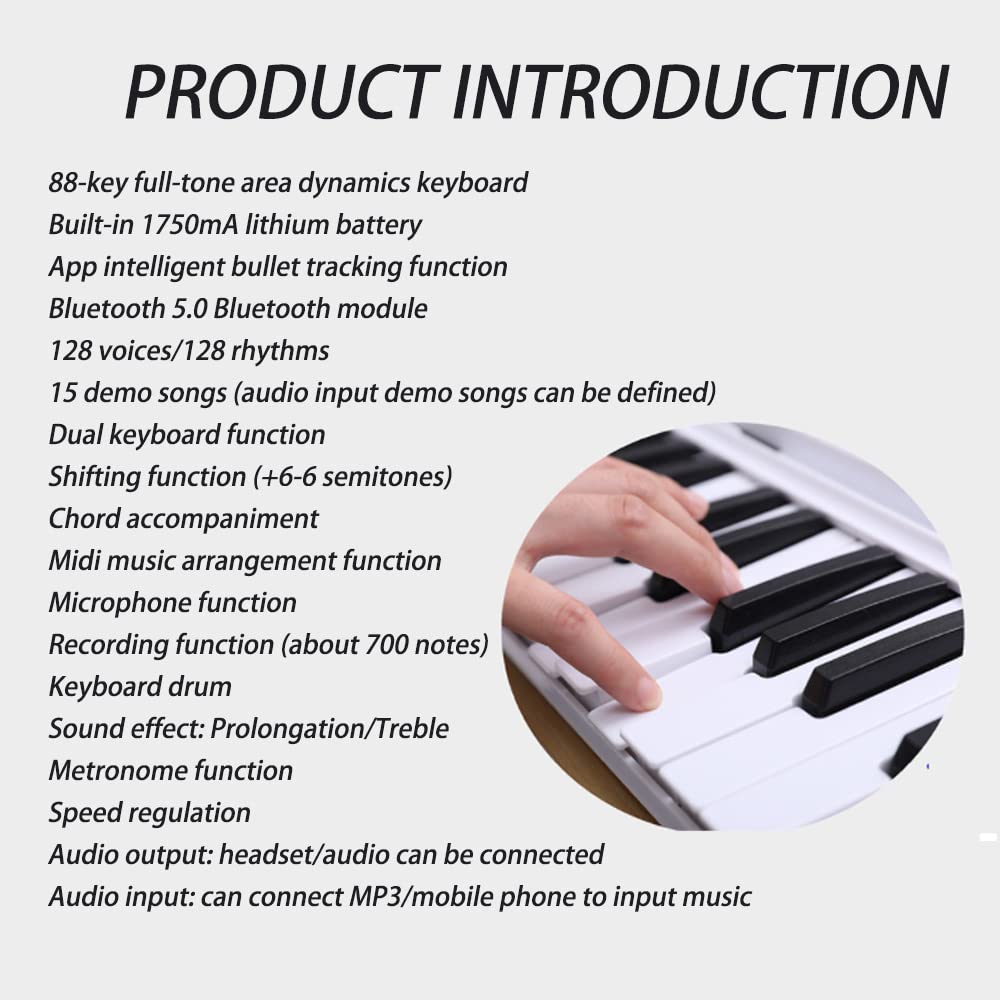 Piano de teclado plegable, piano digital portátil de 88 teclas de tamaño completo con Bluetooth y batería de 1750 mAh compatible con aplicación de conexión inteligente, controlador USB/MIDI, para