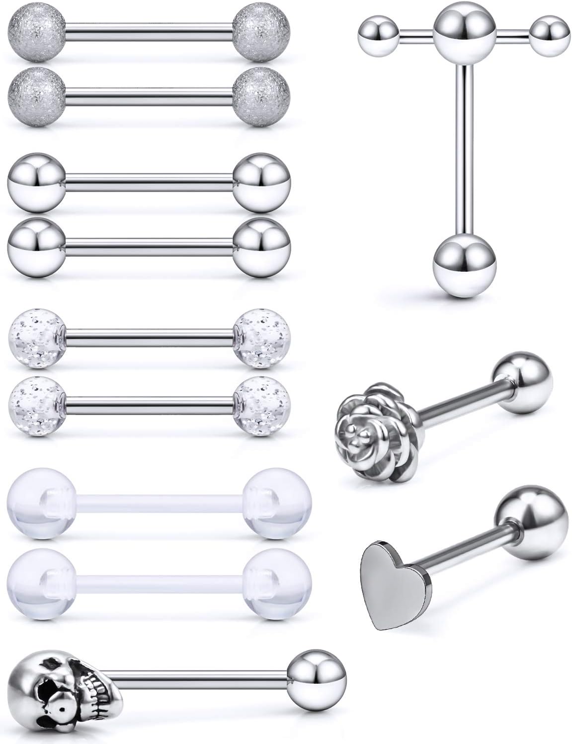 Prjndjw Jewelry, 5/8in(16mm) L, 14G Tongue Piercing Barbells Multicolor Surgical Stainless Steel Long Nipple Piercing Barbells Body Jewelry for Women