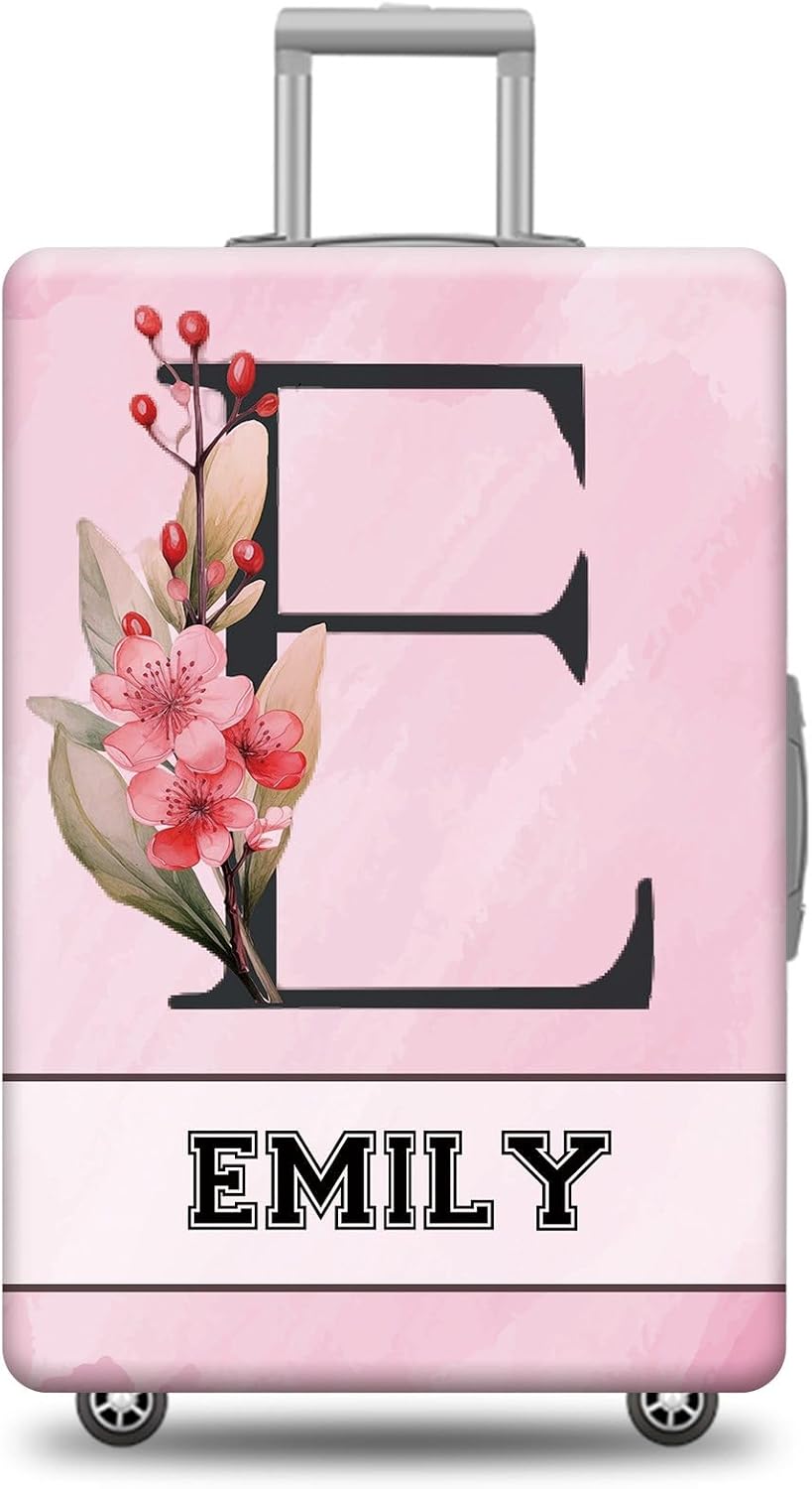Custom Letter E Luggage Cover Pink Flowers Monogram Initial Suitcase Cover Elastic Washable Travel Suitcase Protector