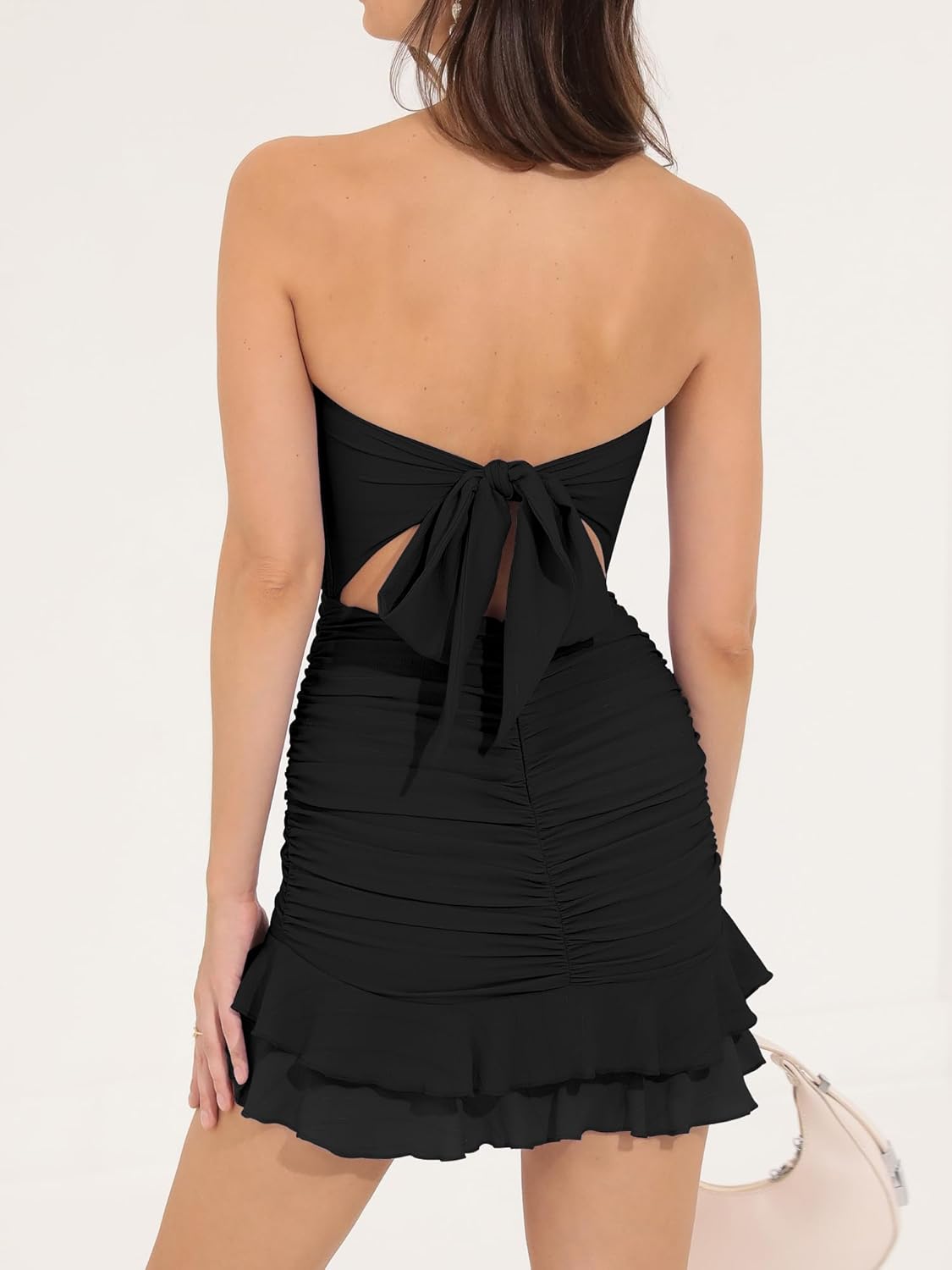 Mizoci Women's Sexy Tube Top Bodycon Mini Dress Strapless Ruffle Bow Back Ruched Party Short Dresses - Image 2