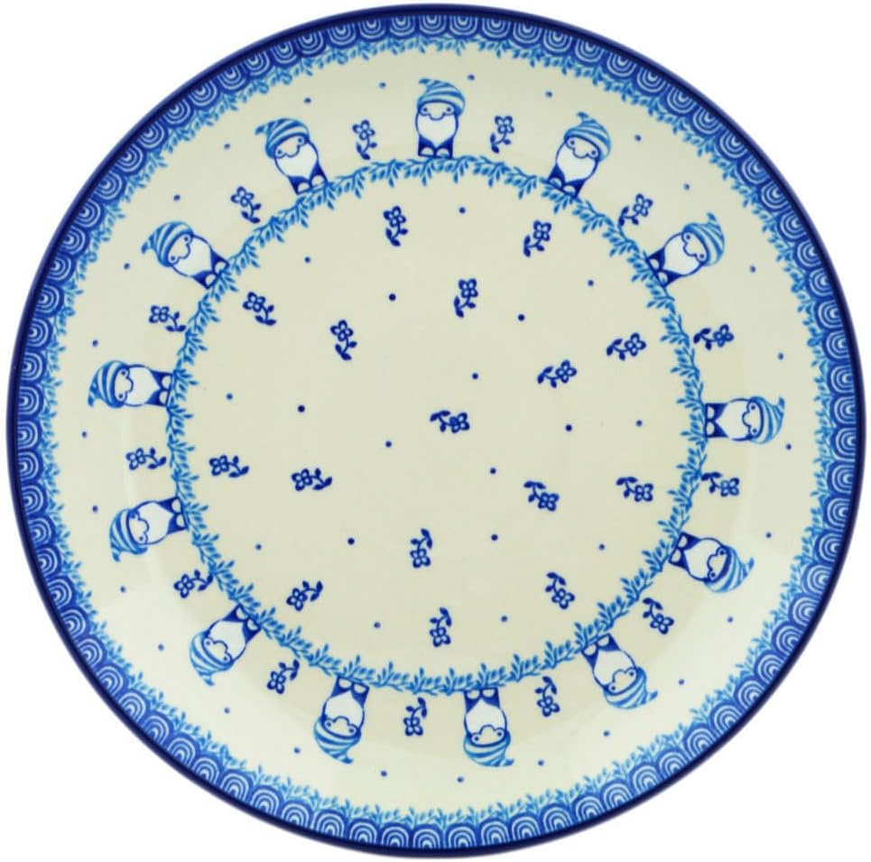 Polmedia Polish Pottery Dinner Plate - Blue Gnome Pattern Handmade in Boleslawiec Poland by Ceramika Artystyczna + Certificate of Authenticity