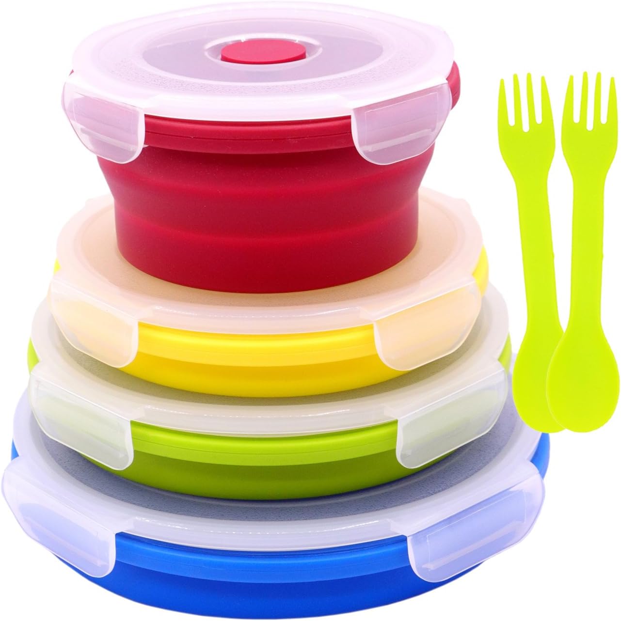 Set of 4 Collapsible Silicone Food Storage Containers With Lids, Round Collapsible Bowls For Kitchen, Microwave, Dishwasher and Freezer Safe, Foldable Meal Prep Bento Lunch Box, BPA Free