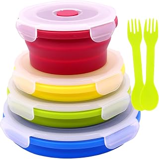 Set of 4 Collapsible Silicone Food Storage Containers With Lids, Round Collapsible Bowls For Kitchen, Microwave, Dishwasher and Freezer Safe, Foldable Meal Prep Bento Lunch Box, BPA Free
