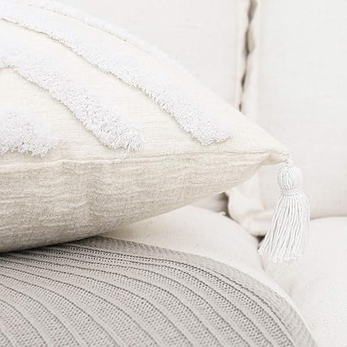 Miniatura 4 de PLWORLD Funda de cojín lumbar bohemia blanca de 12 x 20 pulgadas con borlas, tela de felpilla geométrica copetuda color crema, funda de cojín