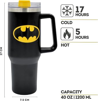 Batman 1200ml Insulated Stainless Steel Tumbler + Handle and Straw – Official DC Comics Travel Mug - Double‑Walled Vacuum Flask for Work, School, Gym & More - Cold 17Hrs or Hot 5Hrs
