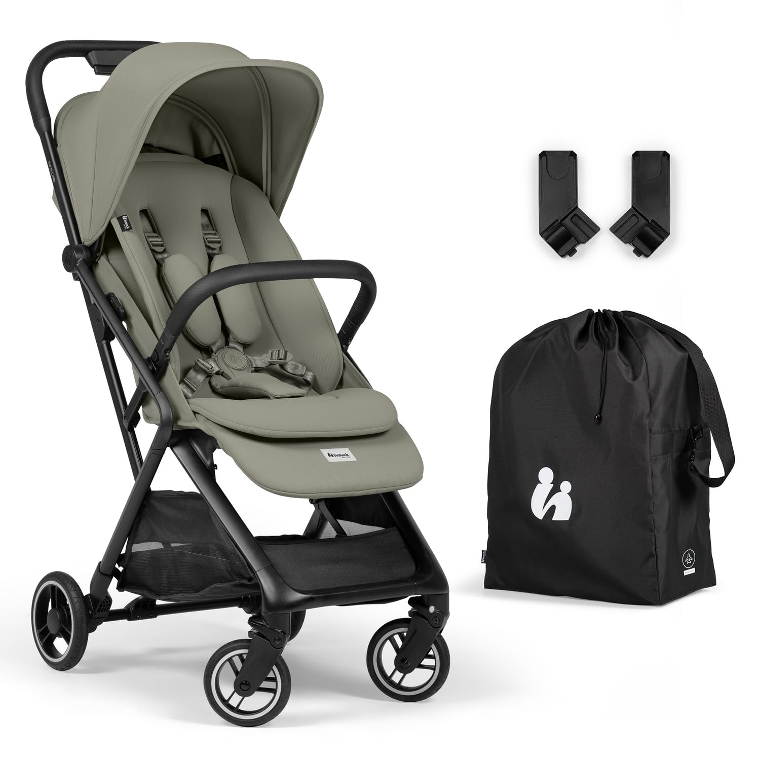 hauck Fly N Care Poussette Canne Ultra Compacte et Légère, Poussette Voyage Pliable Une Main, Position Allongée dès Naissance jusqu'à 22 kg, UV 50+, Adaptateurs Cosy, Sac de Transport - Vert Sauge