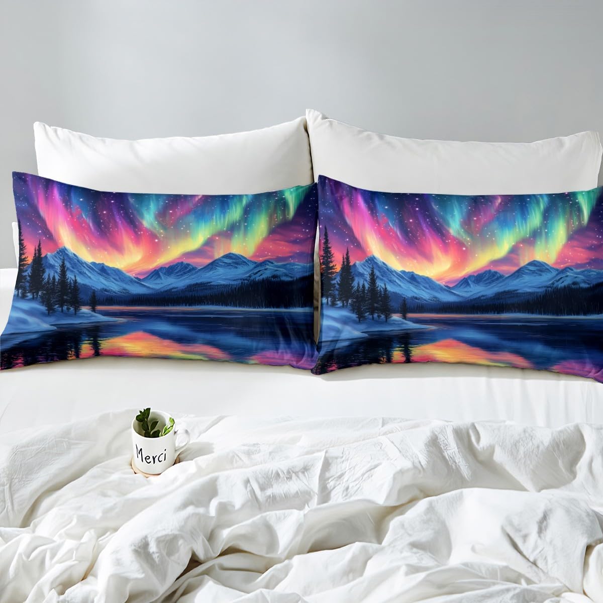 jejeloiu Mountain Lake Duvet Cover Toddler Size Kids Aurora Starry Night Sky Comforter Cover Set for Boys Girls Teens Nature Landscape Bedding Set Breathable Galaxy Bedspread Cover
