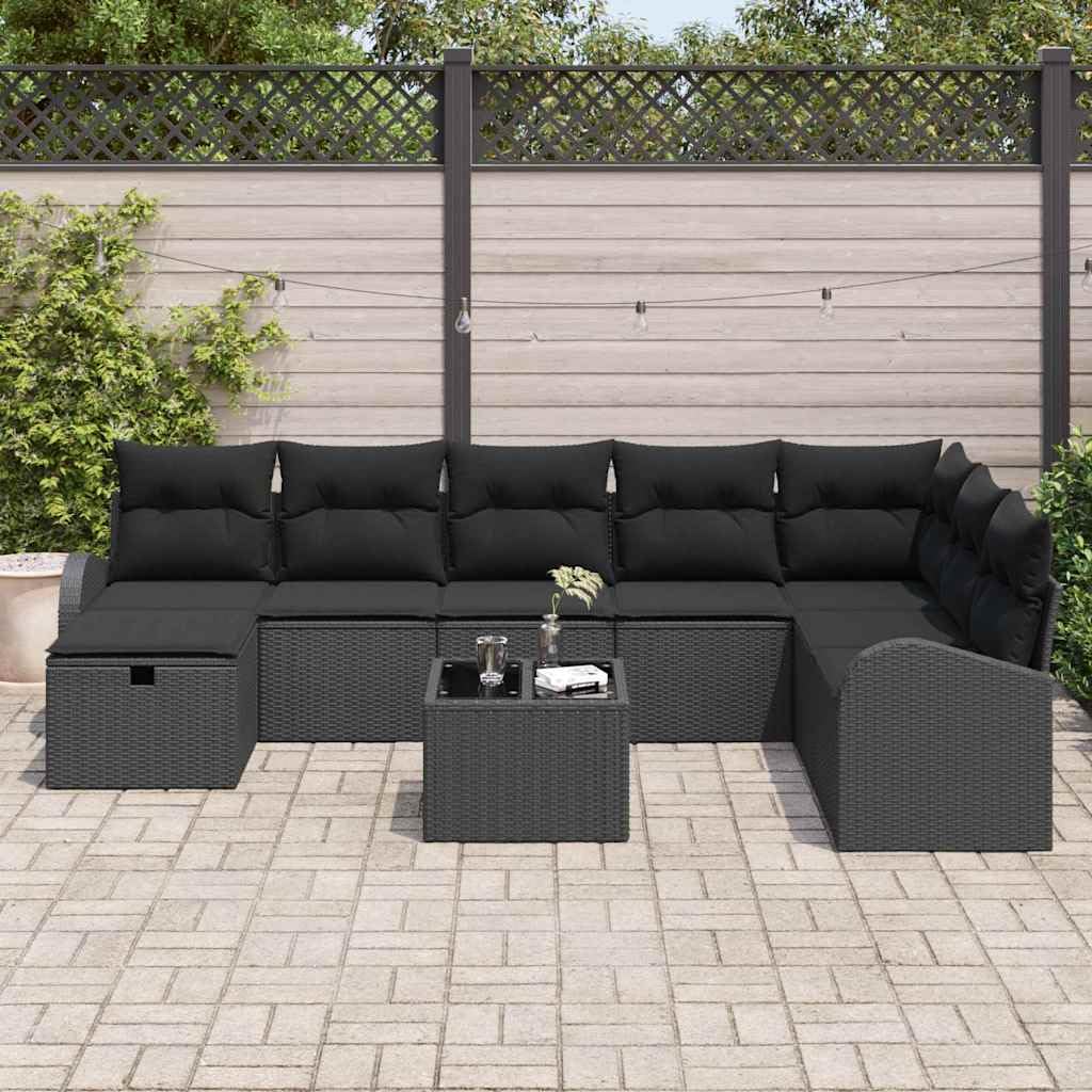 Juego de sofá de jardín de ratán sintético con cojines de 9 piezas, color negro, modular muebles de jardín con espacio de almacenamiento de madera de acacia