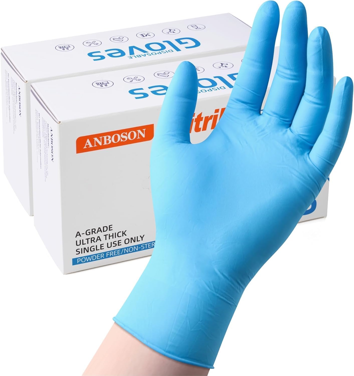 ANBOSON 6 mil Disposable Nitrile Gloves, Heavy Duty Disposable Glove, Cooking Gloves Latex Free Powder Free - 200 Pcs