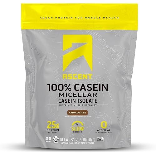 Ascent Casein Protein Powder, Micellar Casein Isolate, Chocolate, 2 lb