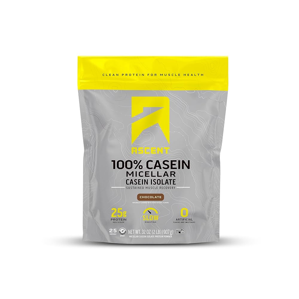 Ascent Casein Protein Powder - 25g Micellar Casein Powder with Zero Artificial Flavors & Sweeteners, Gluten-Free, No Added Sugar, 4.9g BCAA, 2.2g Leucine - Chocolate, 2 Pounds