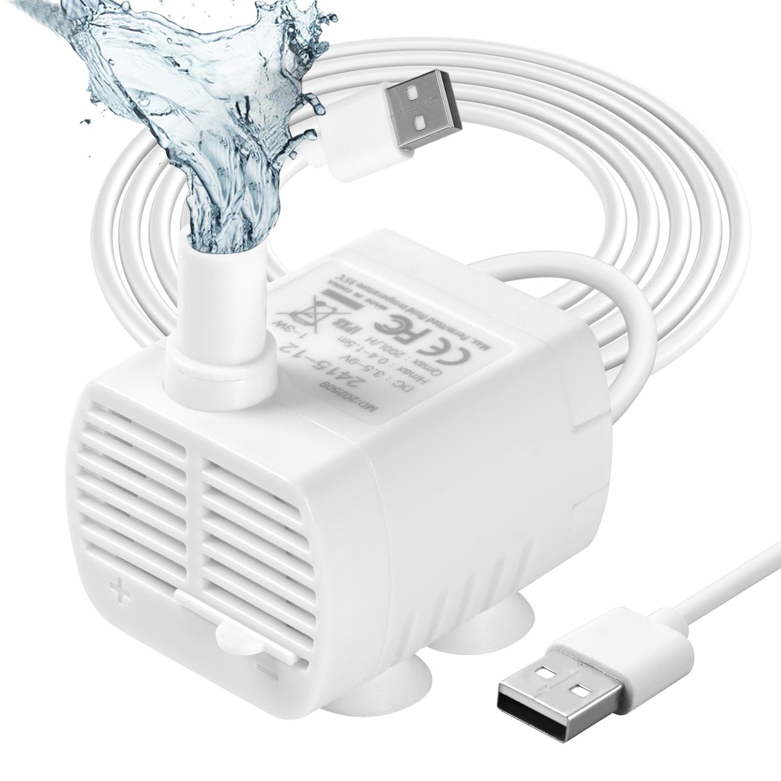 Flintronic Pompa Fontanella per Gatti, 3.5-9V 1-3W (0.4-1.5m) 200L/H(Bianco） | Per laghetti e fontane, 3,5 V, 3 W, cavo 1,4 m (4 ventose)