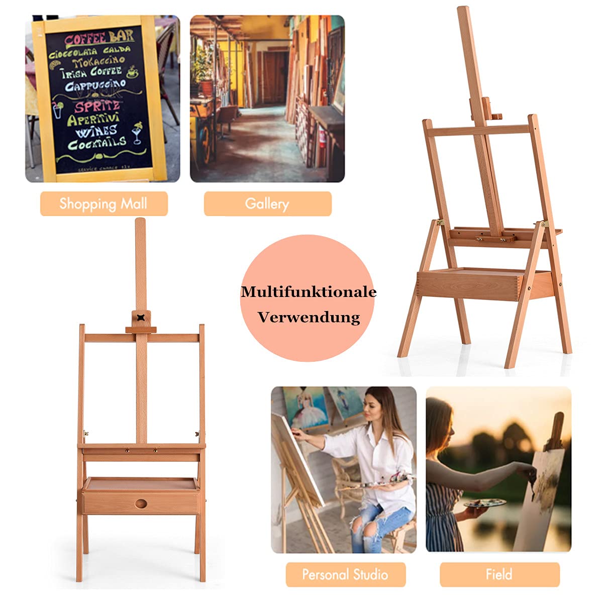 RELAX4LIFE Caballete de Madera de Haya con Cajón y Bandeja, Caballete para Pintar con Altura Regulable 151-195CM, Caballete de Pie para Lienzos de hasta 92CM, Natural