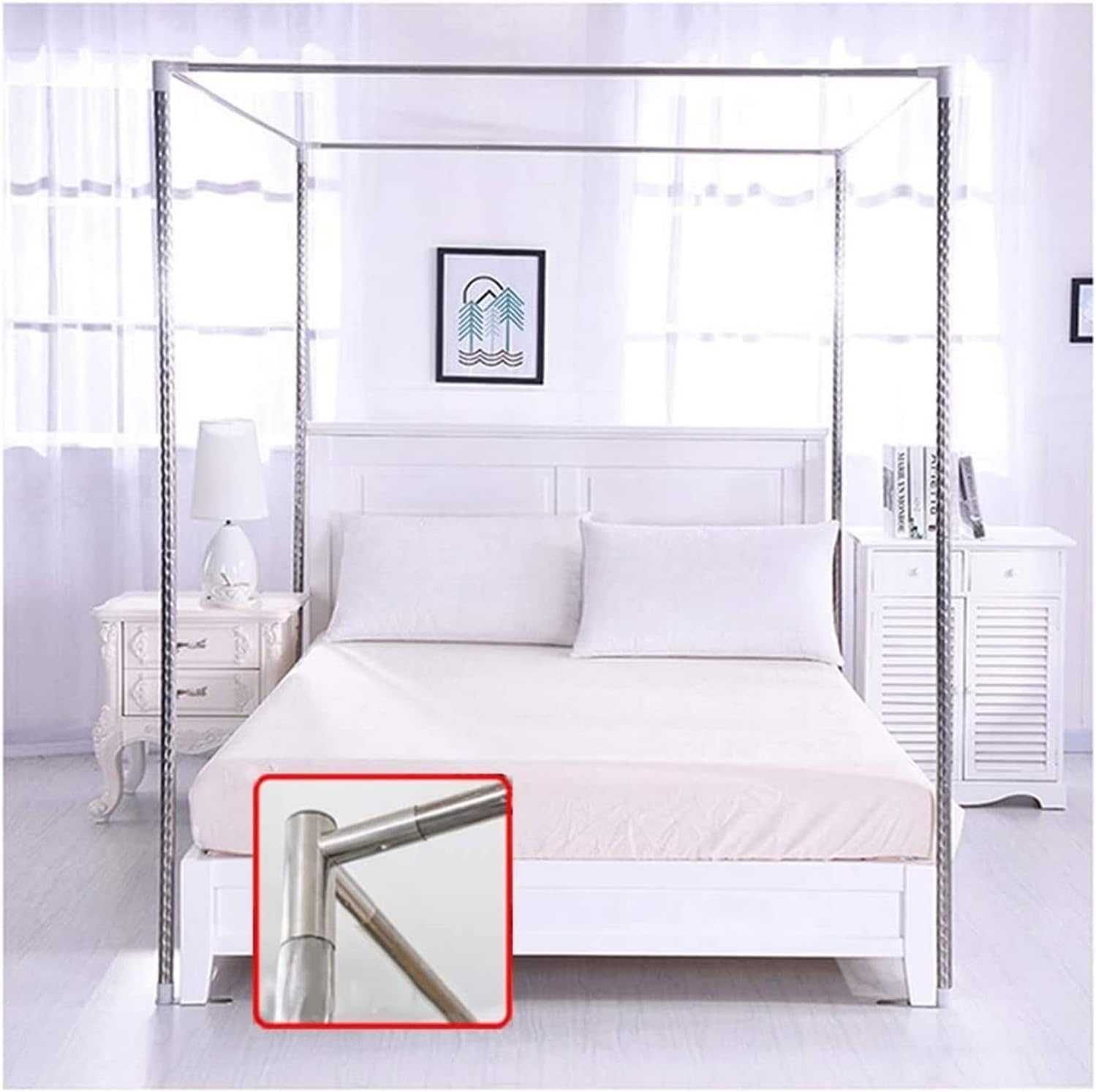 Stainless Steel Bed Canopy Frame, Mosquito Net Bracket, 4 Corners Bed Post, Thicken Threaded Bed Stand with Metal Tee Connecters, Fit for Different Size Bed (Color : 24mm, Size : 1.8x2.2m bed)