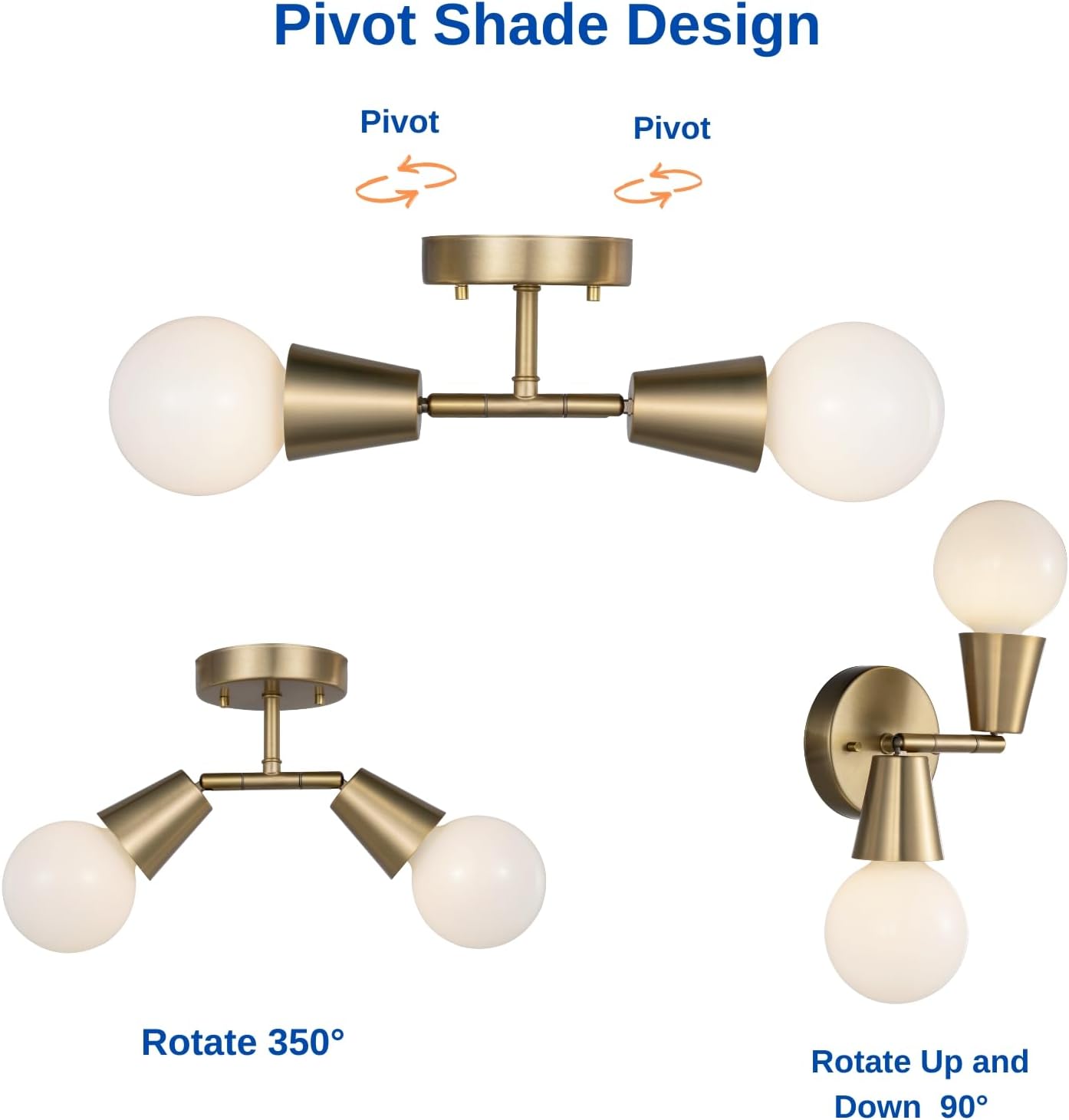 2-Light Modern Track Lighting Kit,Matte Brass Pivot Light Head, Flush Mount Adjustable Ceiling Light Spotlights for Bedroom,Living Room,Dining Room, Hallway,E26 Bulb Not Included