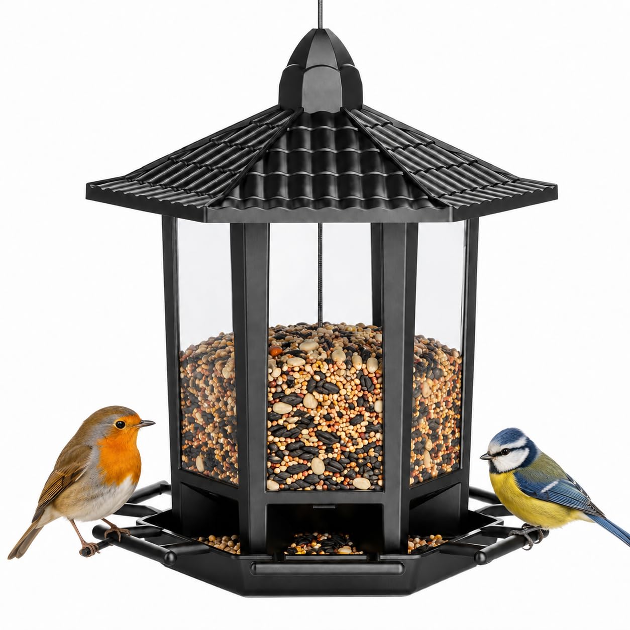 Birdream Hanging Bird Feeders, Retro Pagoda Design Easy-Assembly Squirrel Proof Bird Feeders, Attracting Wild Garden Birds Robins Blue Tits Great Tits Goldfinches and Sparrows – Black