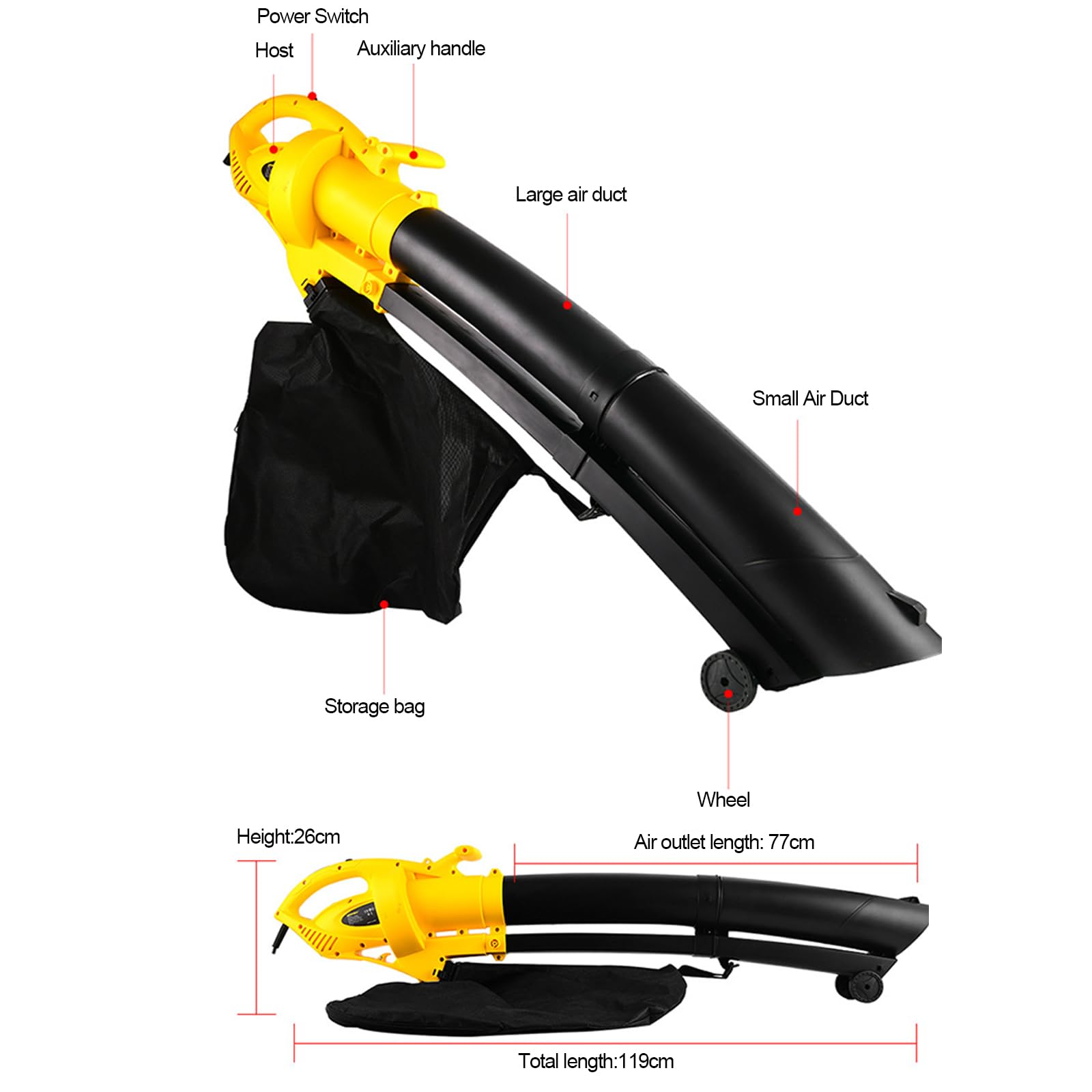 Soplador De Hojas Eléctrico 3000w, Aspirador De Jardín Potente 2-en-1 Indus | Velocidad de 270km/h, Bolsa de Recogida de 35L, Control de Velocidad de 6 Niveles, Tubo Desmontable, Relación de Trituración