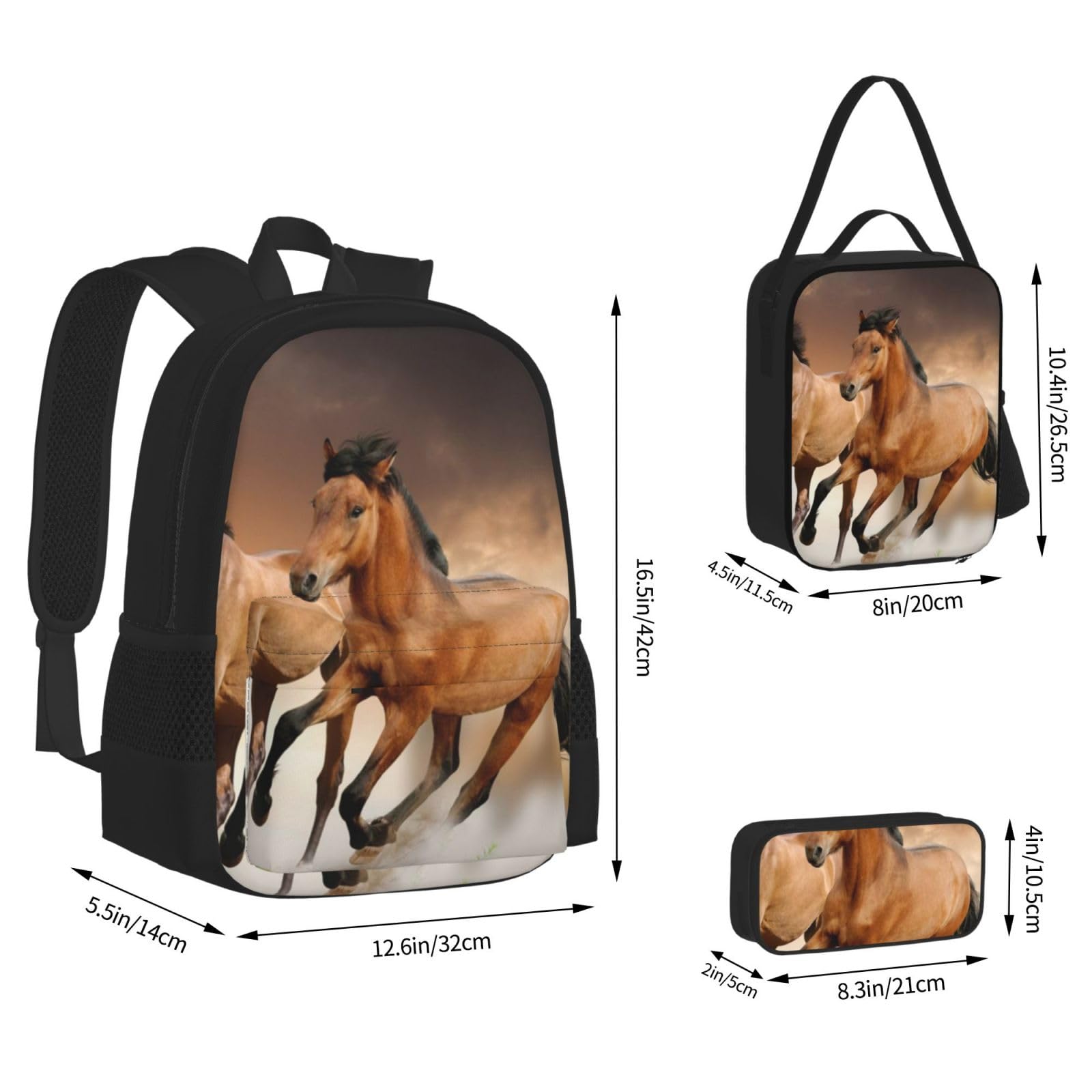 YSOLDA Juego de mochila, mochila escolar, mochila, juego de 3 piezas con bolsa de almuerzo, estuche para lápices,Impresión de caballo corriendo