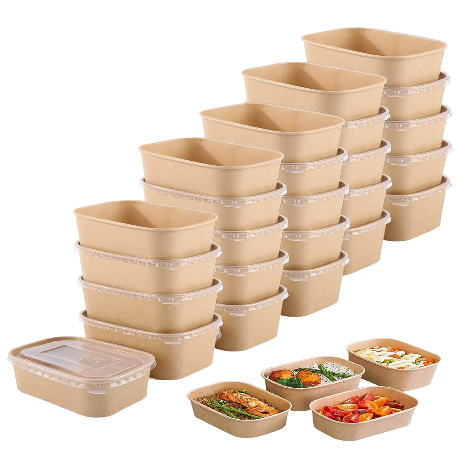 25 Pieces Kraft Paper Bowls, Takeaway Kraft Paper Boxes, Single-Use Food Packaging, Reusable Bowls, Cardboard Bowls, Waterproof, Oil-Resistant, Work Meals, Travel, 500ml (25, With PP lid, 500ml)