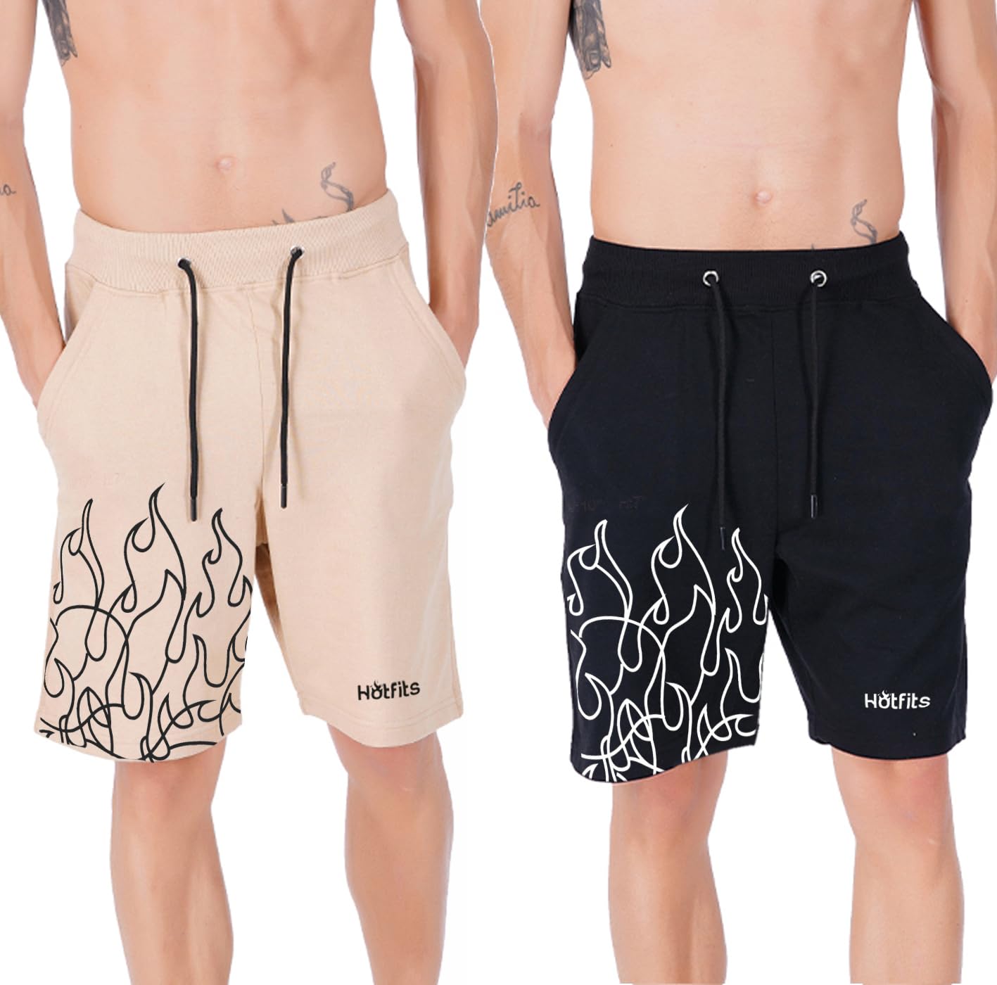 hotfits Men's Casual Beige & Black Cotton Regular Shorts, Workout Shorts, Elastic Waist Running Shorts with Pockets Flame Printed Pack of 2 - XL-picture-21