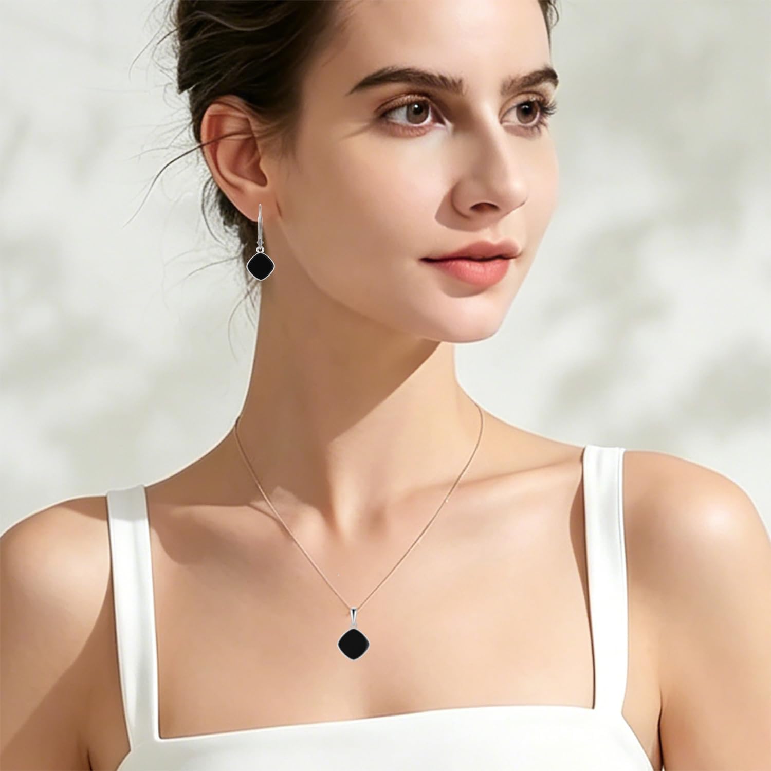 Cushion Cut Black Onyx Jewelry Set - 925 Sterling Silver Necklace & Leverback Earrings