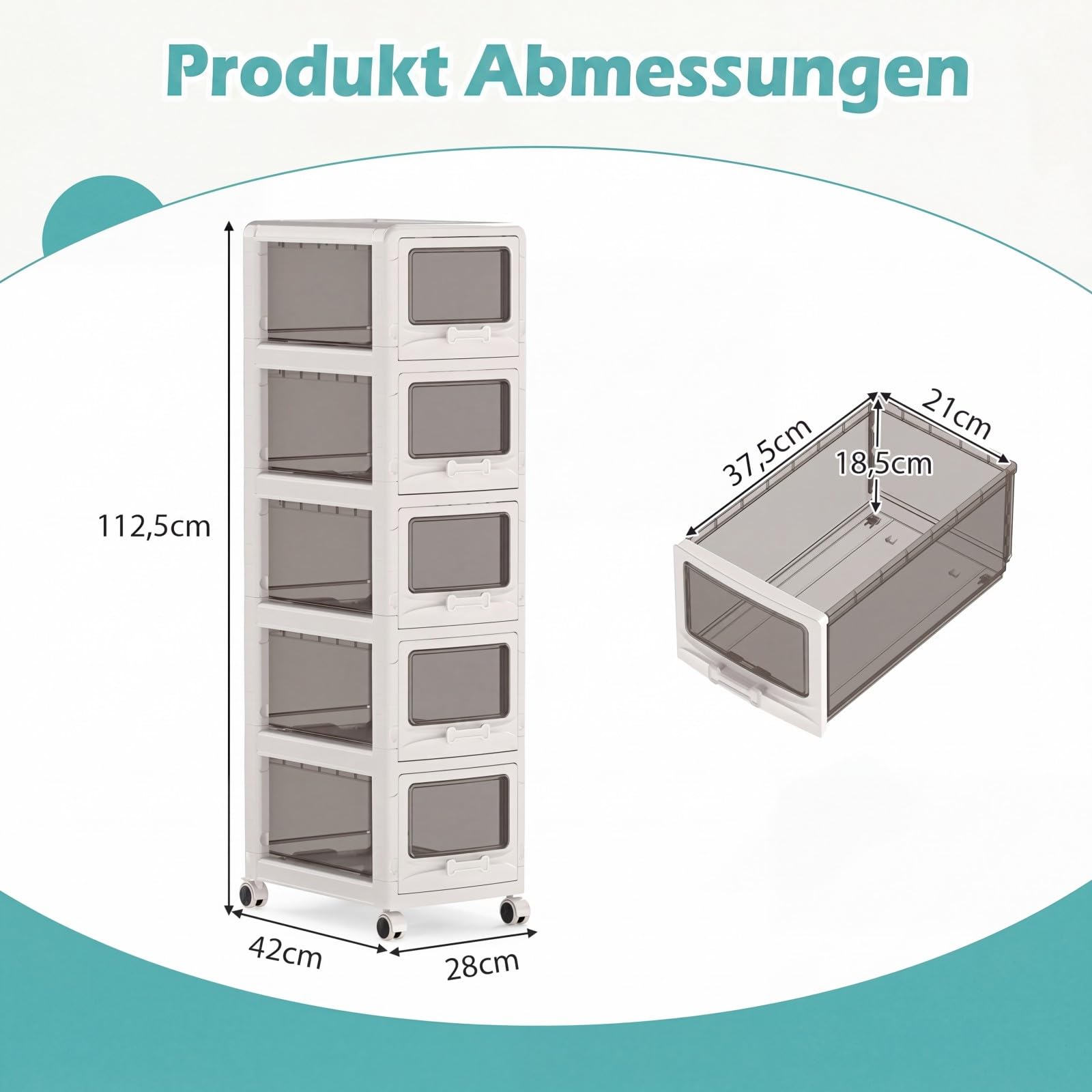 COSTWAY Nischenschrank mit Rollen, Nischenwagen mit 5 Schubladen | 30 cm breite Nischenregal, schmaler Aufbewahrungswagen, Badrollwagen für Bad, Schlafzimmer, Weiß