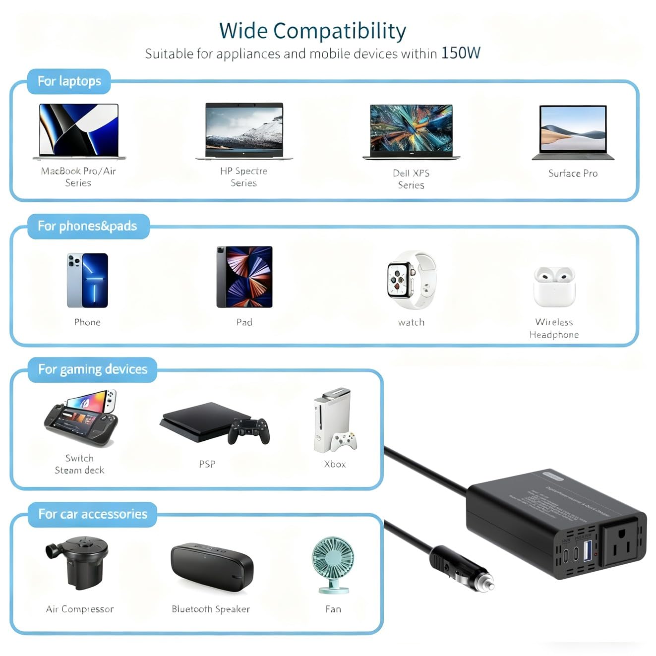 Inversor de corriente de coche de 150 W con 4 puertos para múltiples dispositivos de carga rápida, 140 W USB C, adaptador de enchufe de salida de coche de 12 V a 110 V CA, potente convertidor