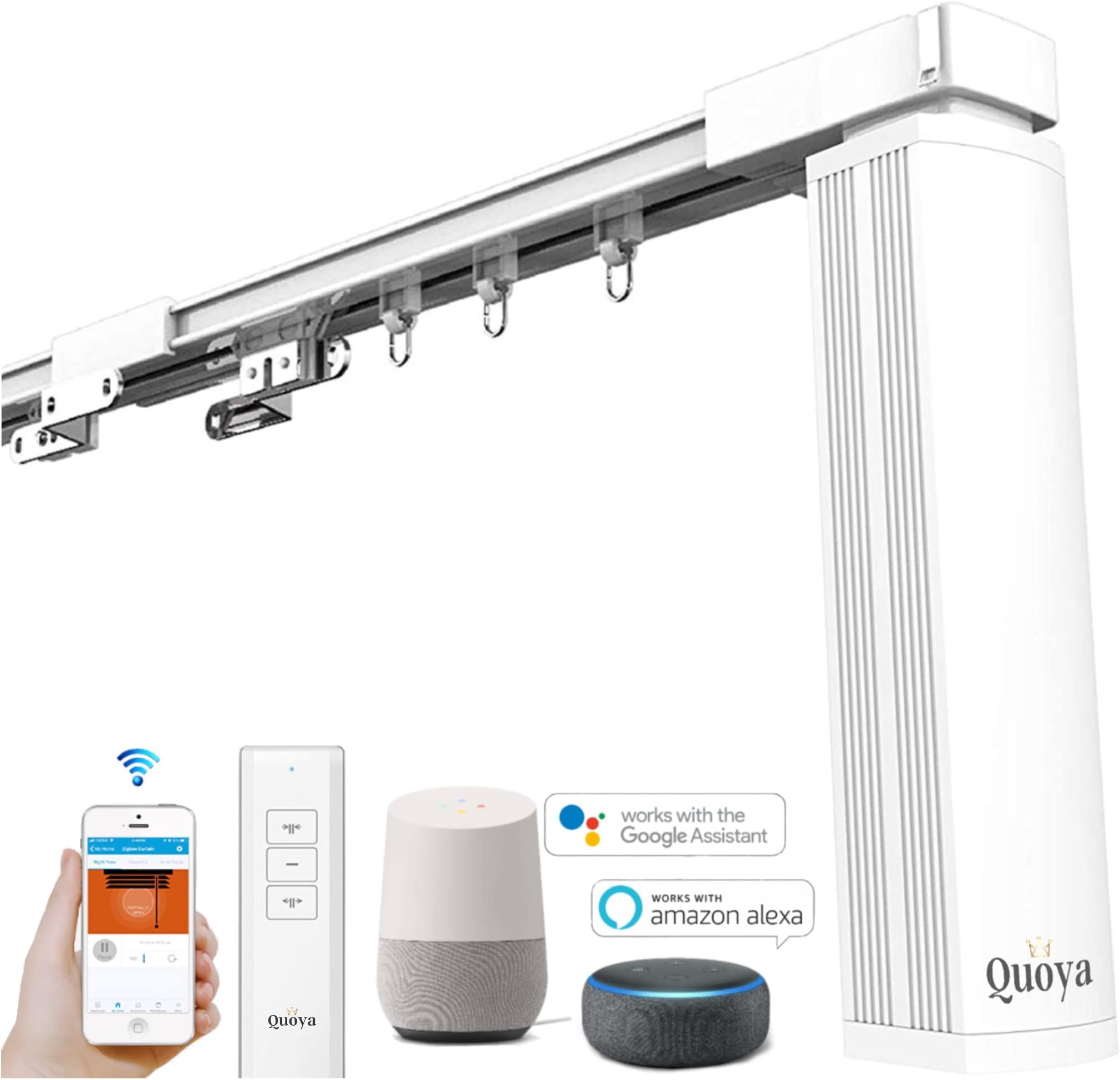 Quoya QL500 Smart Curtains System, Electric Curtain Track with Automated Rail【Motorized and Adjustable Tracks/Rod/Pole 【Motor compatible with Alexa, Google, Siri】(up to 196 inches / 5 metres)