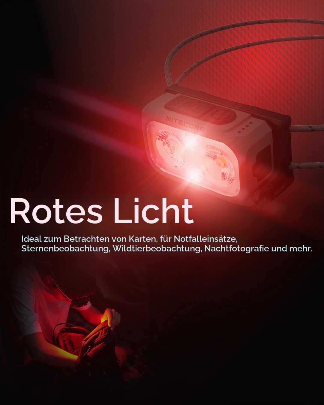 Nitecore Stirnlampe NU21, leicht, USB-C-aufladbare LED Kopflampe, 360 Lumen, 58 m Leuchtweite, Rotlicht für Nachtsicht, weiß