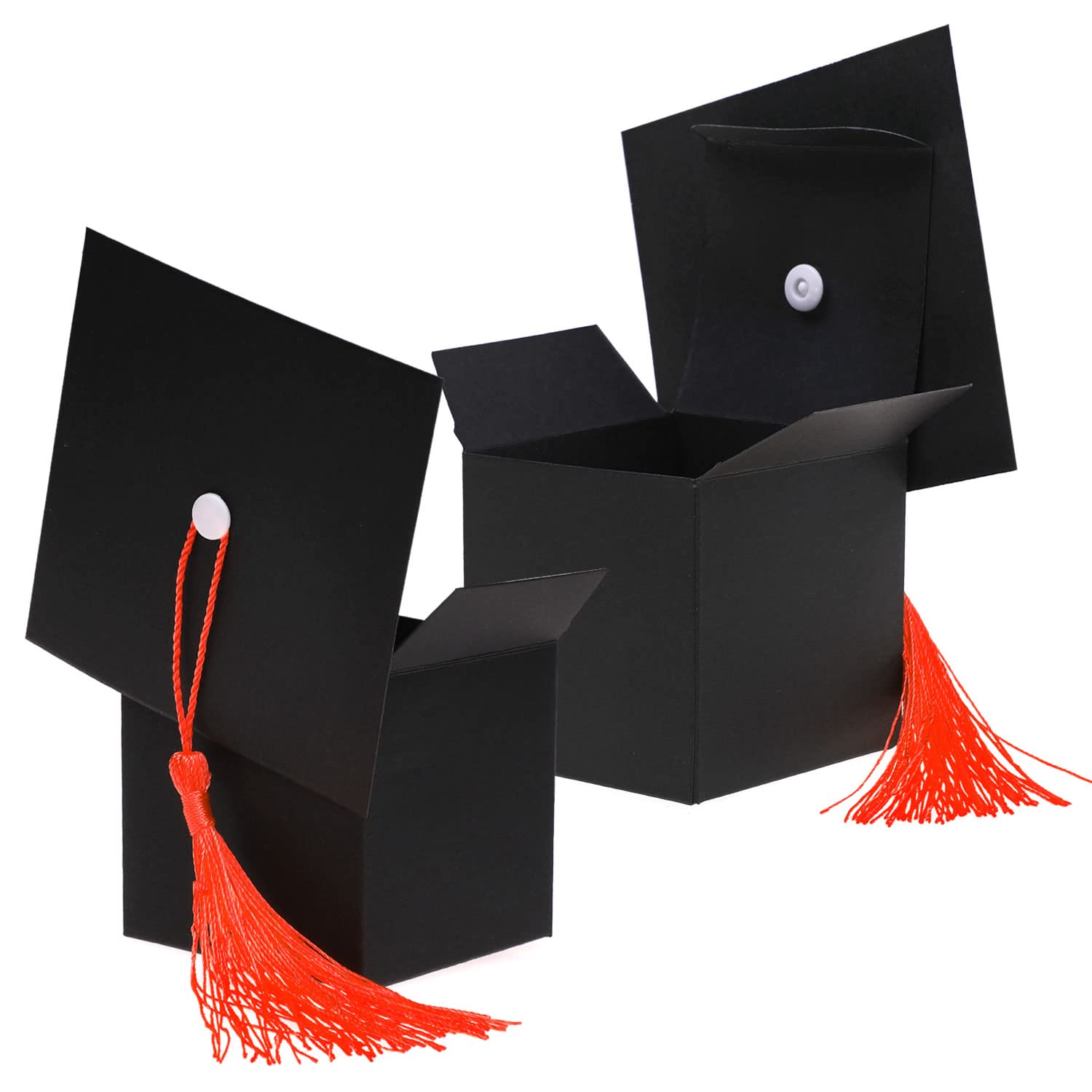 WEDNOK 24 Pezzi Scatola Regalo Cappello di Laurea,Scatole di Caramelle di Laurea con Adesivo e Nappe di Laurea per Decorazione Cerimonia di Diploma Caramelle Nero
