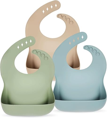 Silicone Bibs for Babies Toddler Set of 3, BPA Free, Soft Adjustable Waterproof Bibs for Feeding Essentials