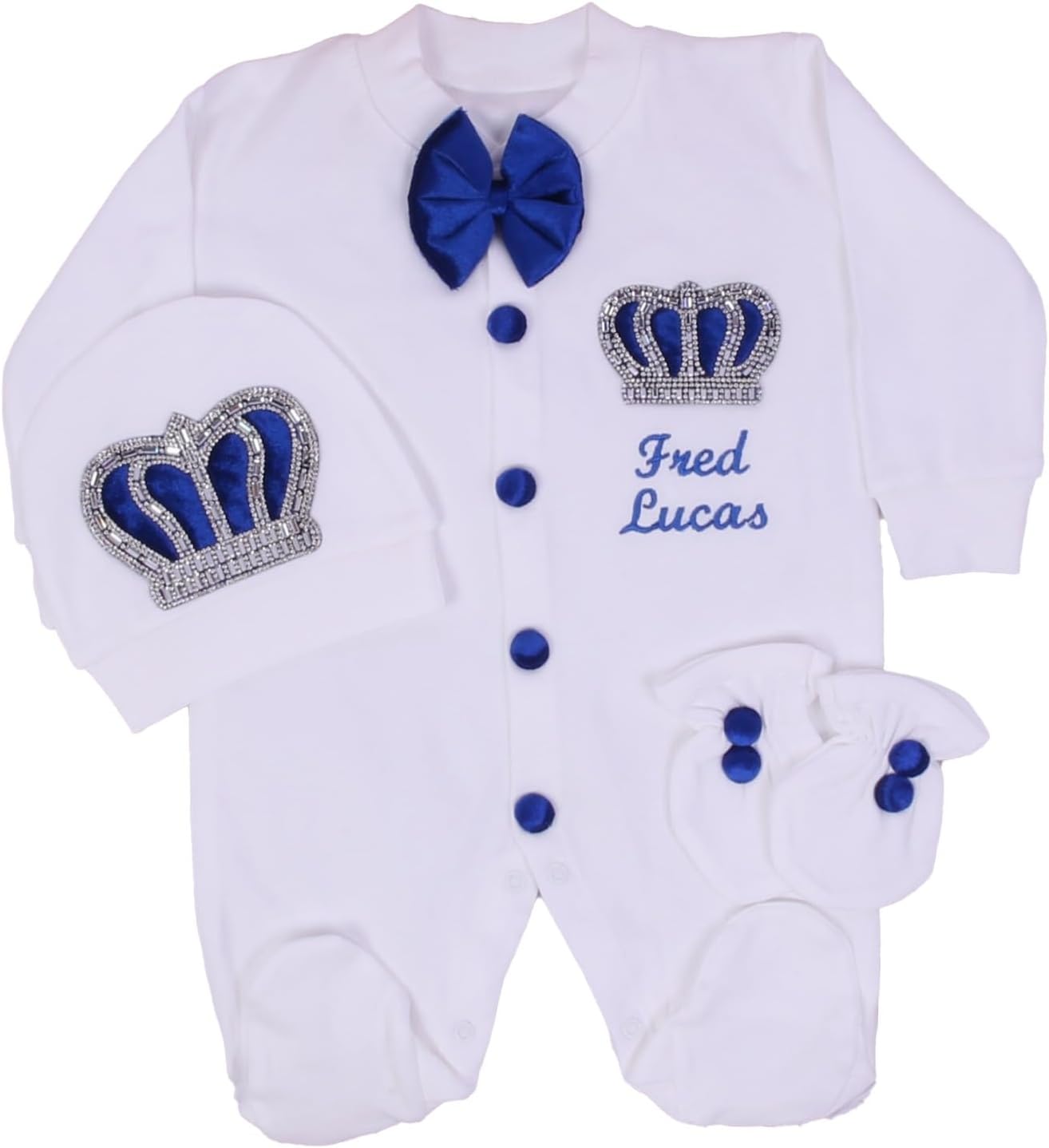 Personalized Baby Boy 3-Piece Set – Long-Sleeve Romper, Hat, and Mittens – 100% Cotton Newborn Outfit for Special Moments (Baby Royale Newborn, 0-3 months)