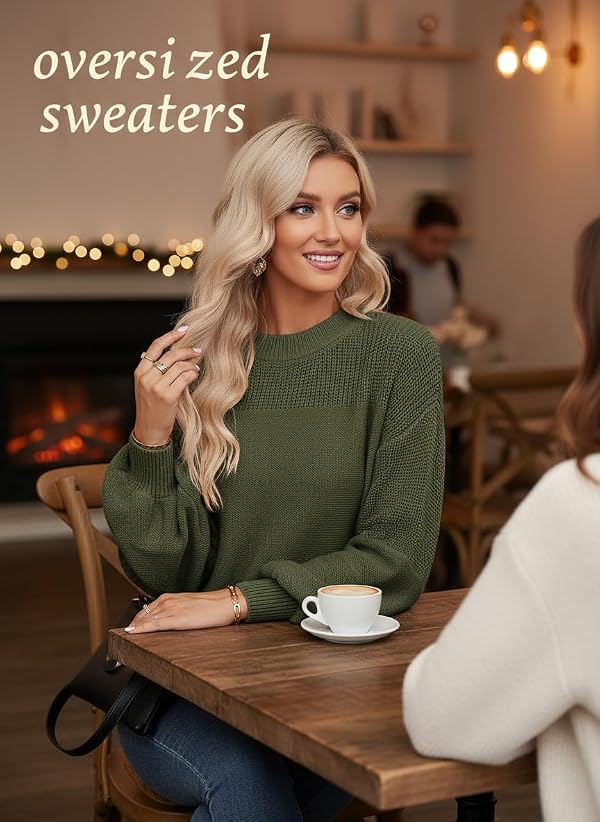 Dokotoo Fall Sweaters for Women 2026 Fashion Long Sleeve Round Neck Knit Pullover Tops Casual Loose Oversized Solid Color Sweater Outfits Winter Clothes Green X-Large by Dokotoo - Image 2