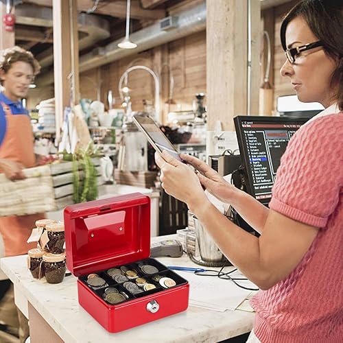 Vista 128 de KYODOLED Caja de dinero mediana con bandeja para dinero, pequeña caja de seguridad con llave, cajón de efectivo, 7.87 x 6.30 x 3.54 pulgadas, verde