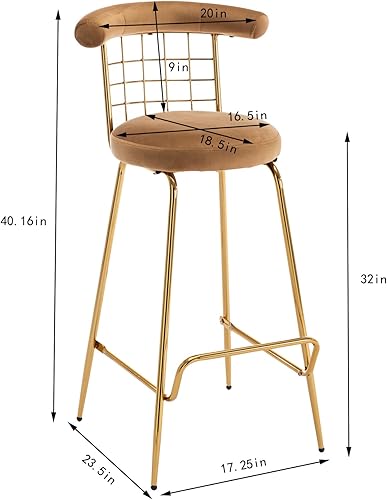 Miniatura 2 de TRIPLE TREE Juego de 2 taburetes de bar, taburete alto de terciopelo de lujo con patas de metal, respaldo suave y reposapiés, sillas modernas de