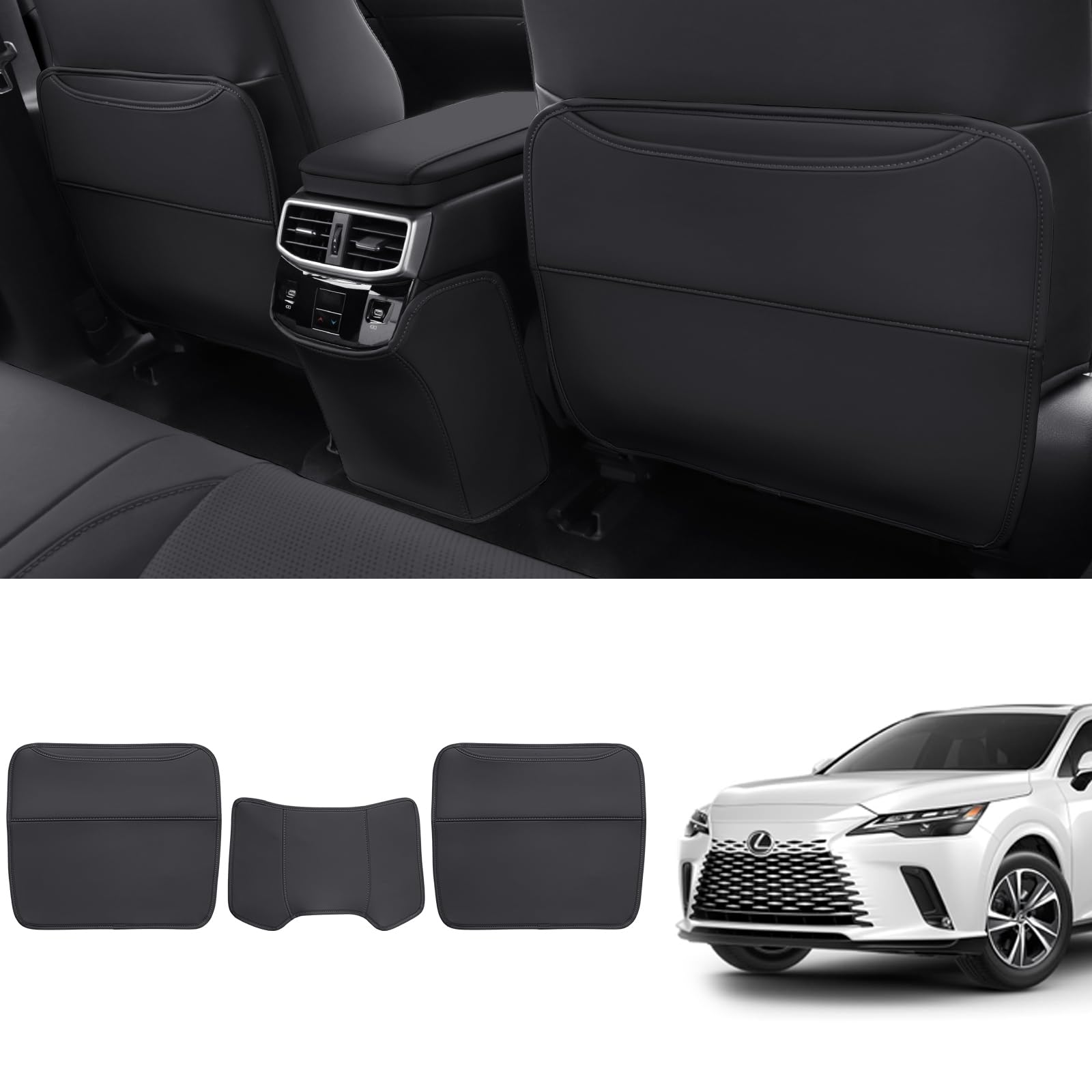 Compatible with 2023-2024 Lexus RX Children's Leather Seat Backrest Kick Protection Pad RX350 RX450H RX500H Additional Organizer Pocket Waterproof and Scratch resistant Protective Cover 3 Black