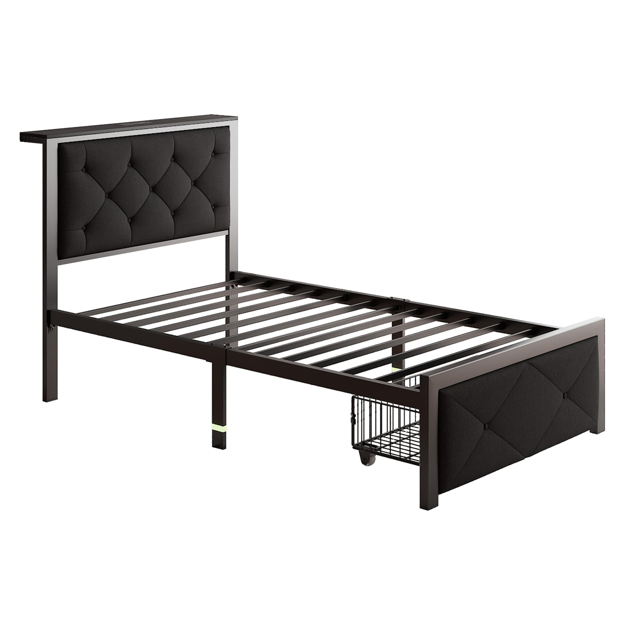 iPormis Twin Bed Frame with Storage, fully assembled, showing headboard, footboard, metal slats, and a pull-out storage basket
