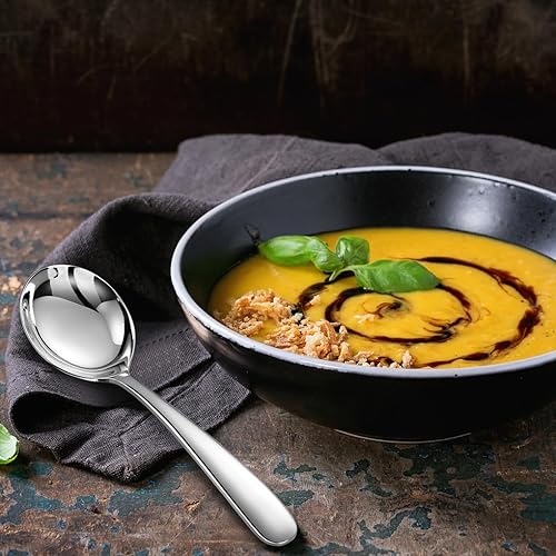 Miniatura 9 de KEAWELL Cucharas de sopa premium de 7.3 pulgadas con mango de gancho, juego de 4, acero inoxidable 1810, cuenco hondo, perfectas para ramen, pho,