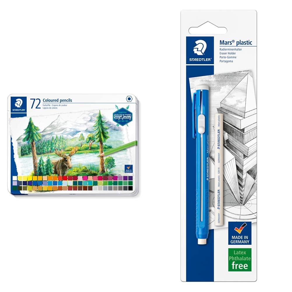 Staedtler Crayons de couleur de haute qualité pour artistes, Mine douce et tendre de 3 mm & Mars Plastic, Porte-gomme avec curseur et clip pour effacer avec précision, Rechargeable avec gommes 528 55