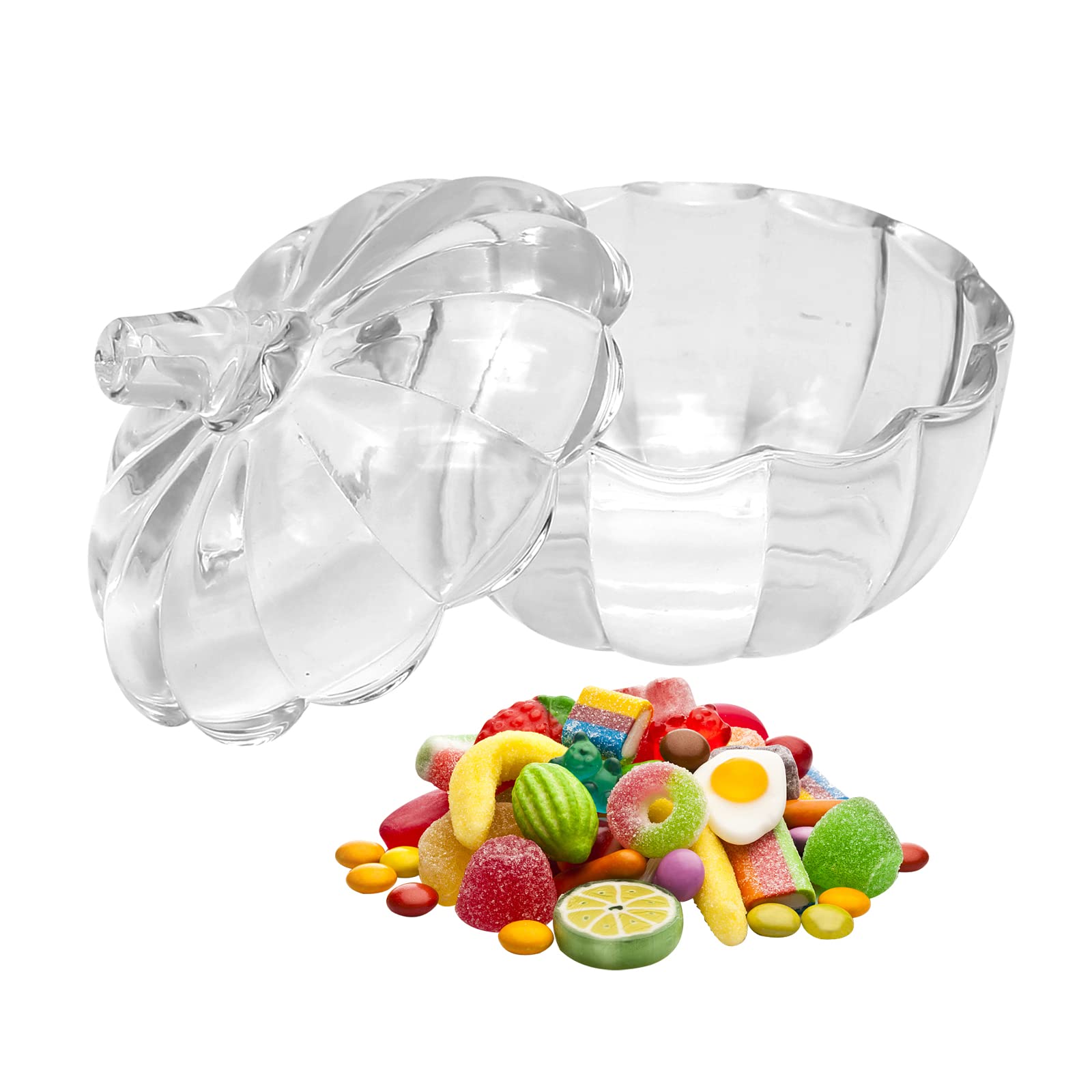 Kürbisglas aus Glas mit Deckel, Halloween-Kürbis-Süßigkeitenschale mit Deckel, transparenter Kürbis-Eimer, dekorativer Zucker-Aufbewahrungsbehälter für Heimdekoration, Party