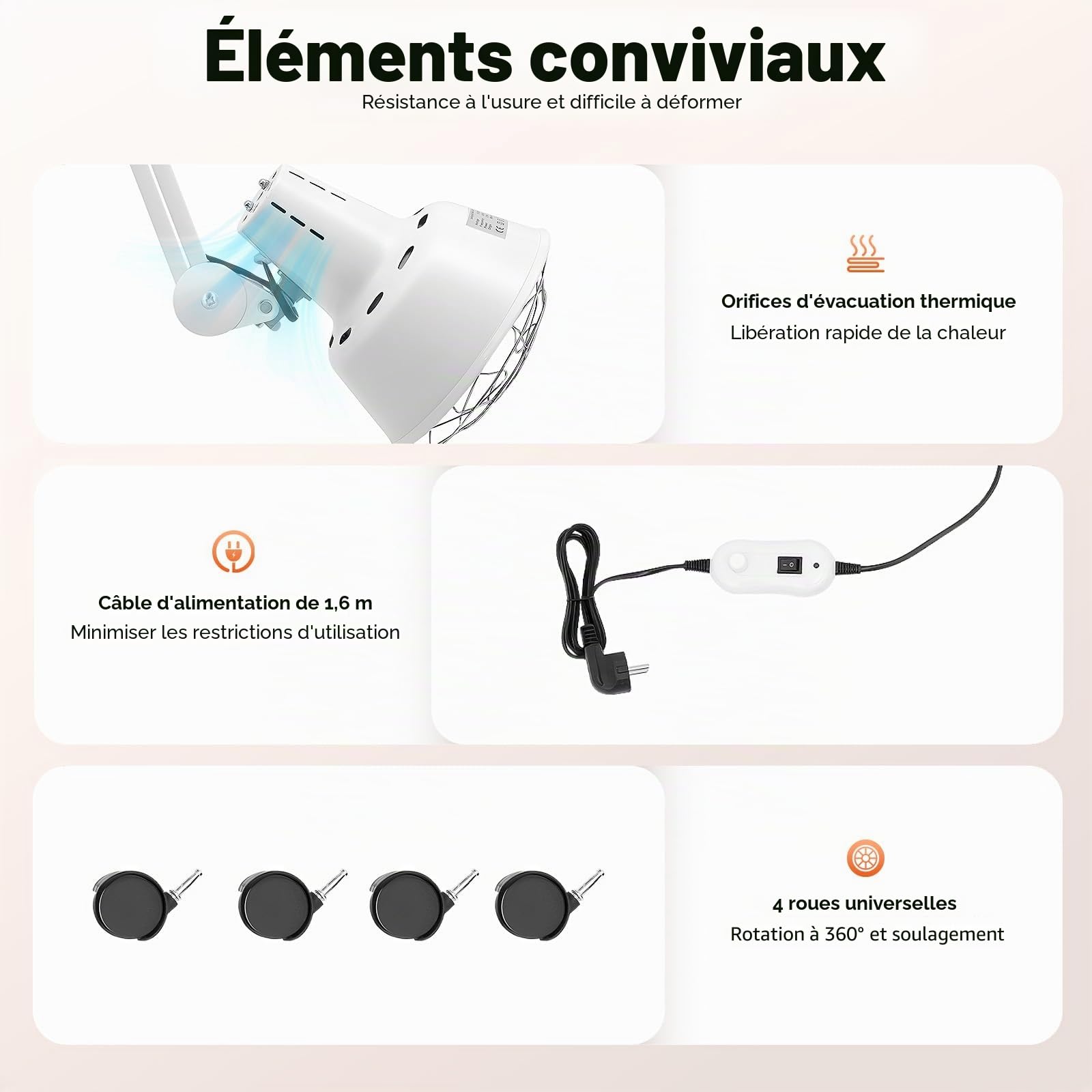 Lampe à Infrarouge 275W Lumière Rouge Lampe de Chaleur Thérapeutique avec Support, Rotatif à 360° & Réglable en Hauteur, 4 Roues, Lampe à Lumière Infrarouge pour la Détente des Muscles, Usage